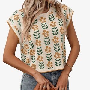 Vintage Floral Crew Neck Knit Crop Top Short Sleeve